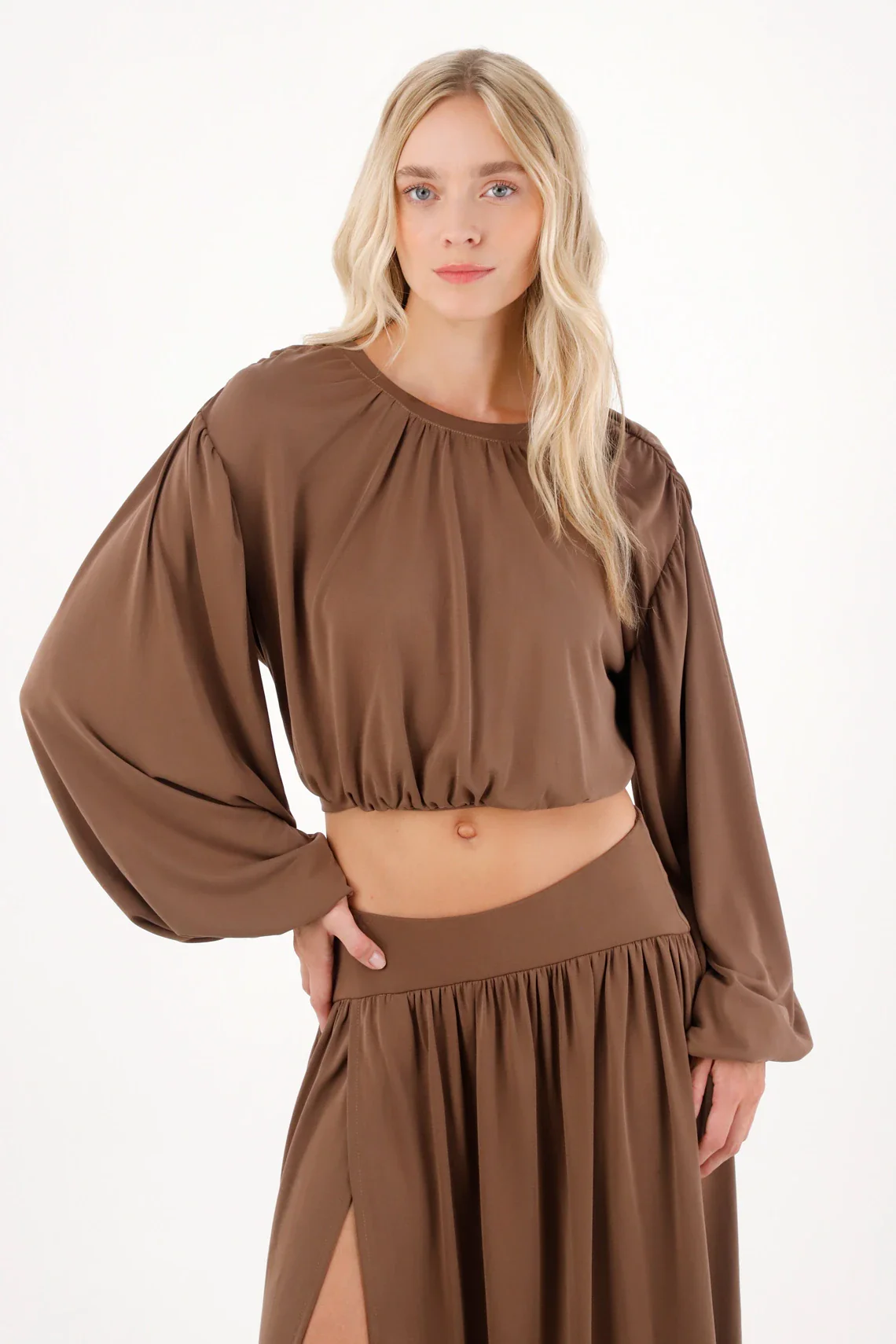 Long Sleeve Voluminous Brown T-Shirt for Women - Image 2