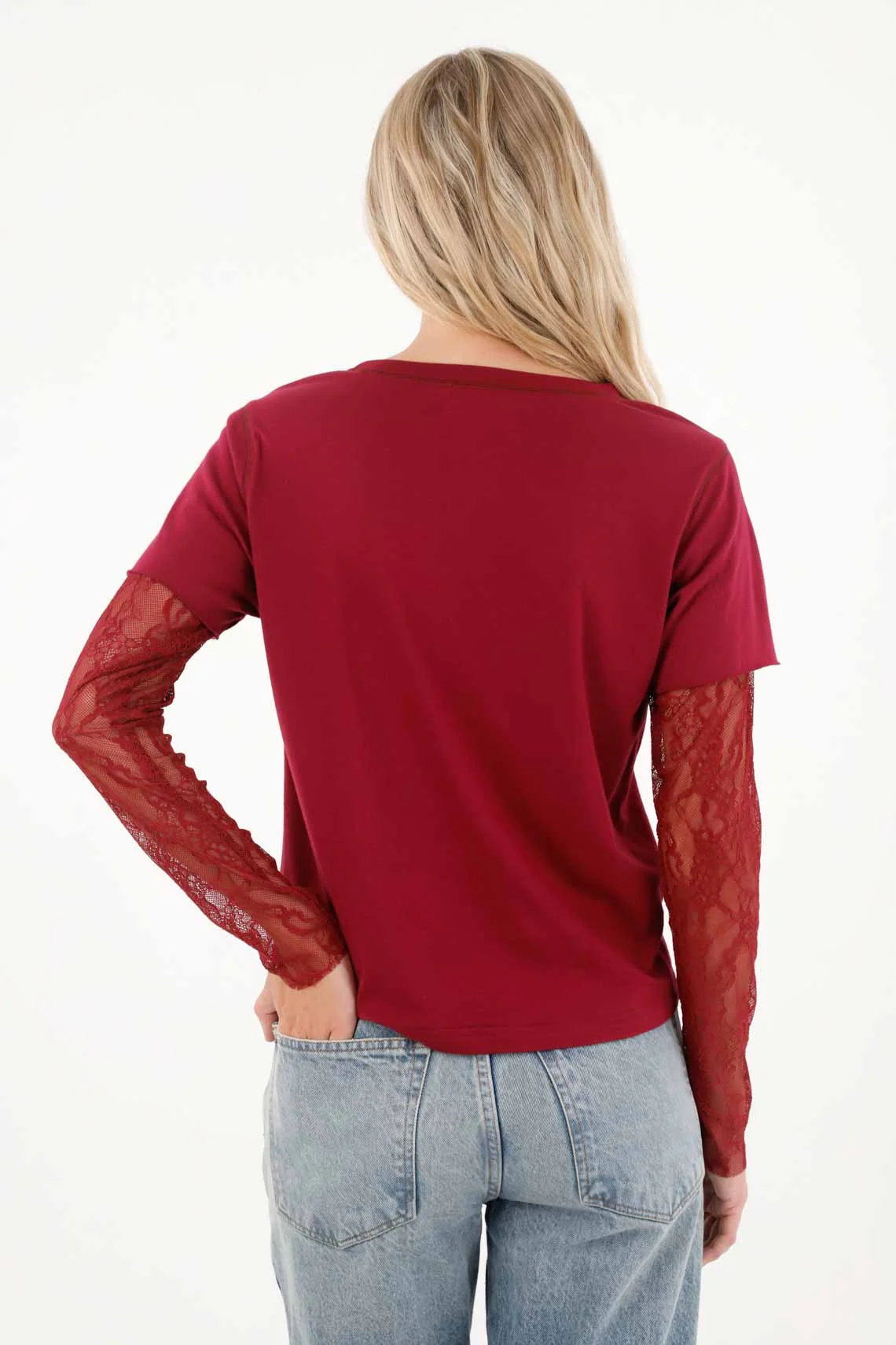 T-Shirt for Women in Wine Cotton Relaxed Fit with Lace - Image 4