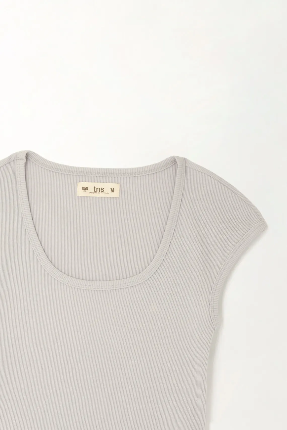 T-Shirt with Deep Neckline in Gray Rib for Women - Image 2