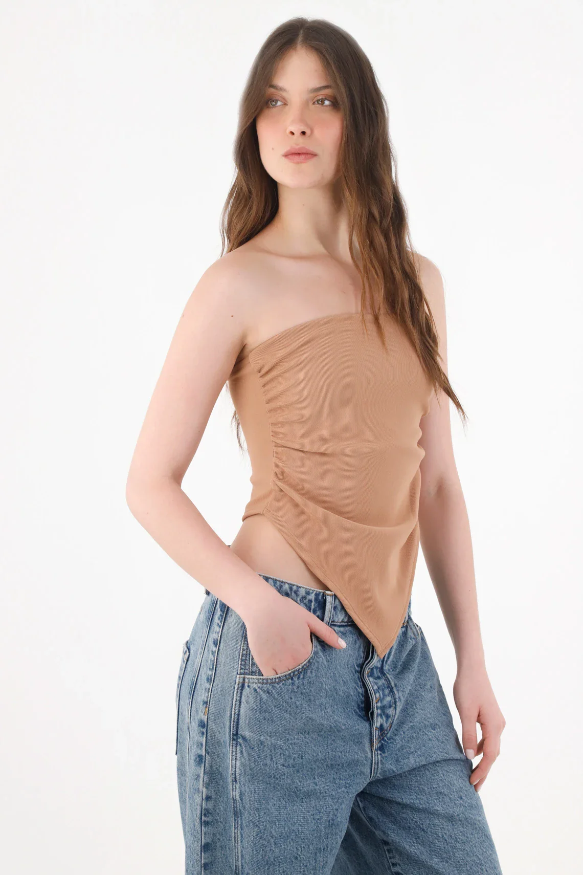 Strapless top for women in sand polyester with tie hem - Image 2