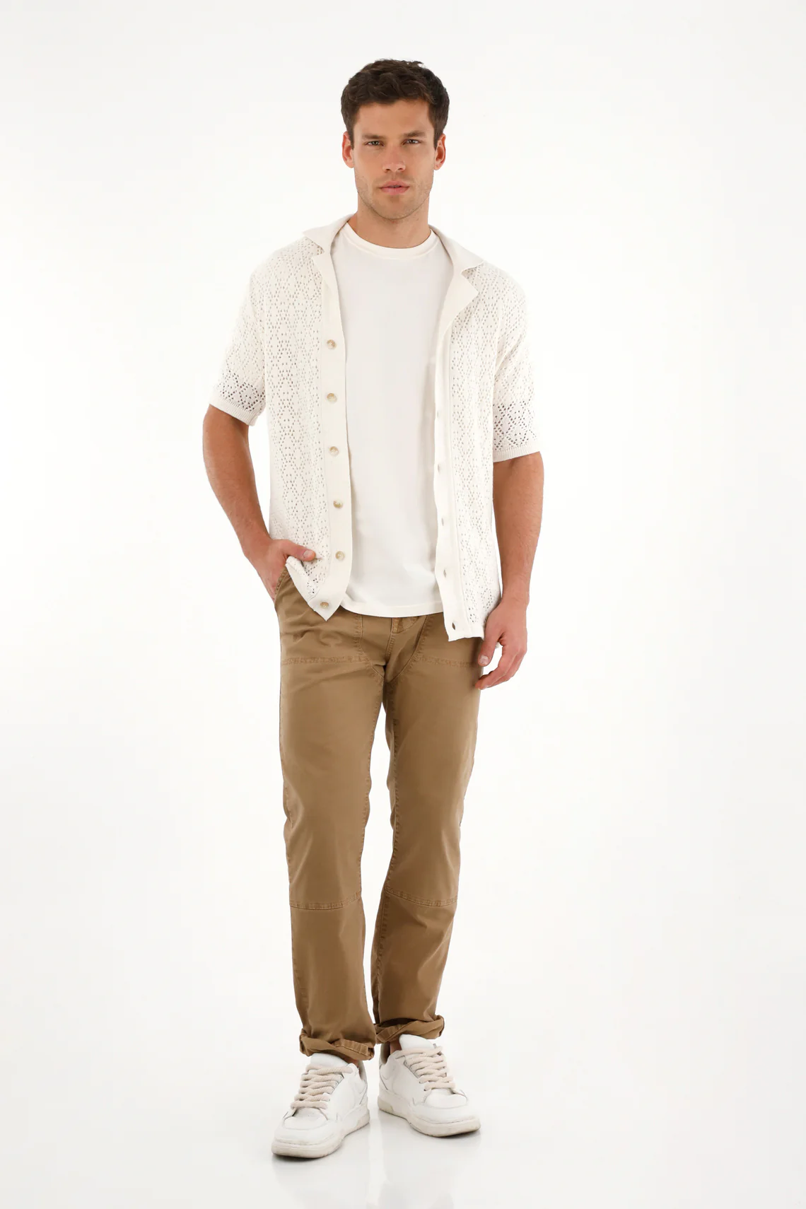 Men's Cream Open Knit T-Shirt - Image 2