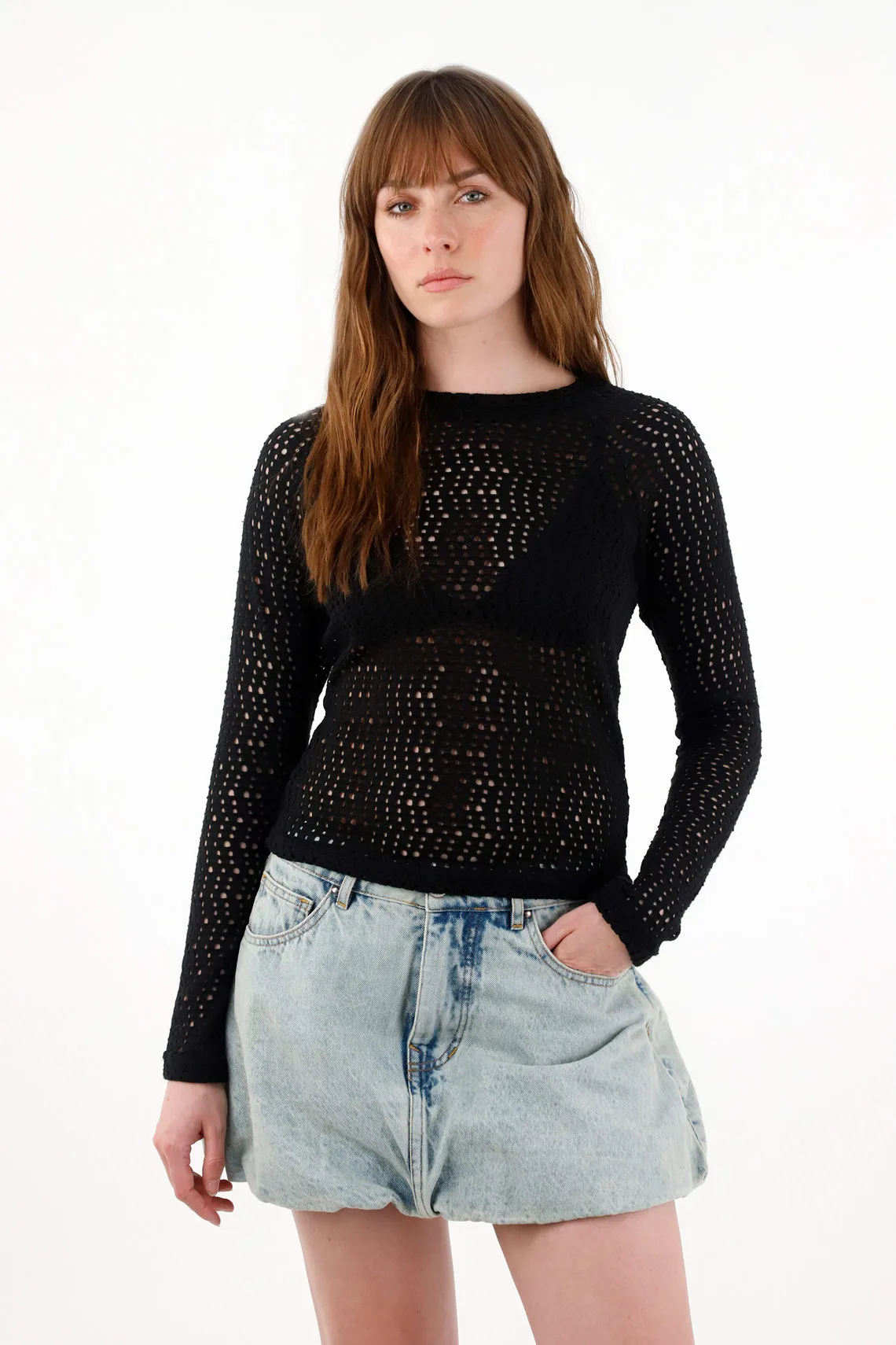 Black High Neck Knit T-Shirt for Women