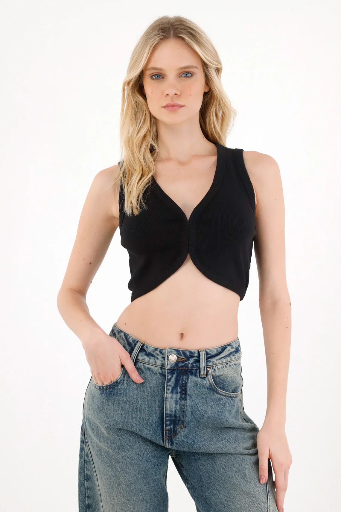 Women's Black Ribbed Crop Top with Snap Closure
