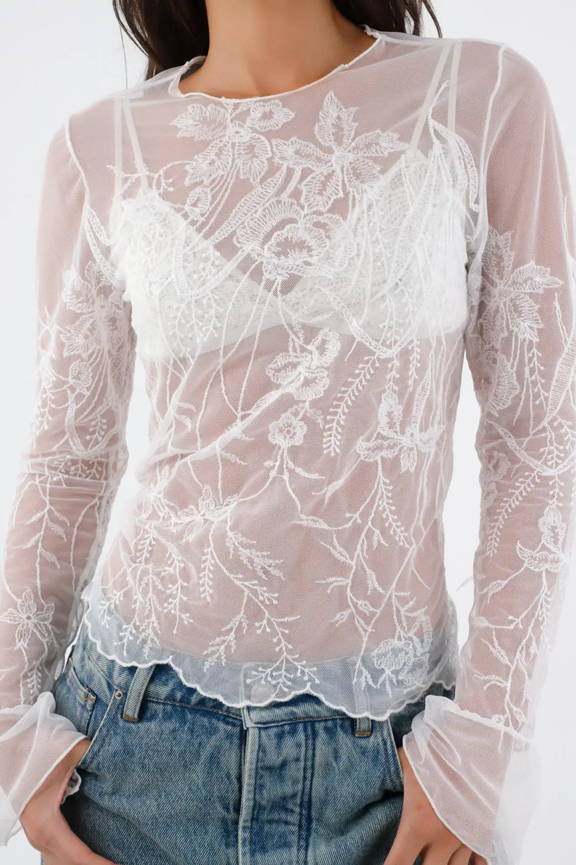 Women’s Fitted White Polyamide T-Shirt with Floral Embroidery - Image 3