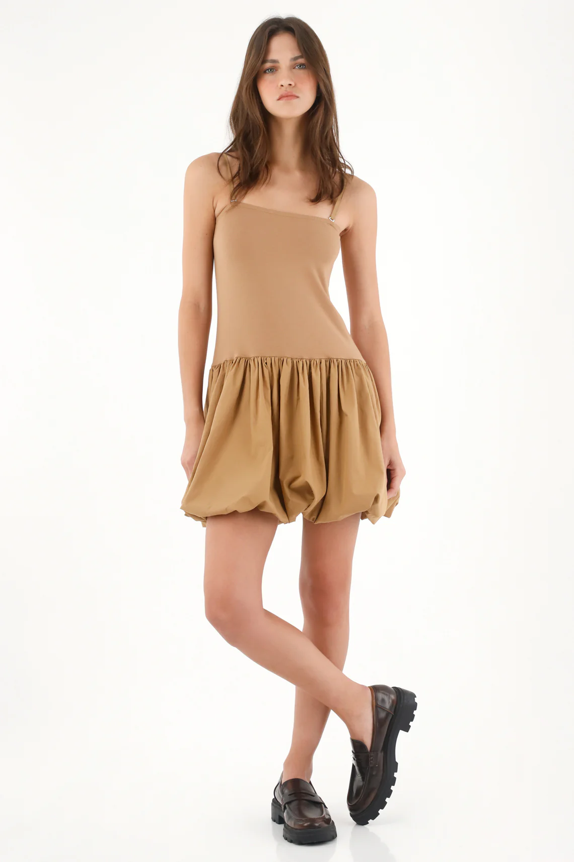 Short Strapless Brown Balloon Skirt Dress for Women - Image 3
