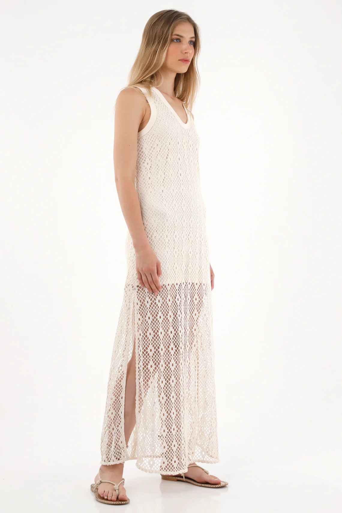 Women's Long Crocheted Dress in Natural Beige - Image 3