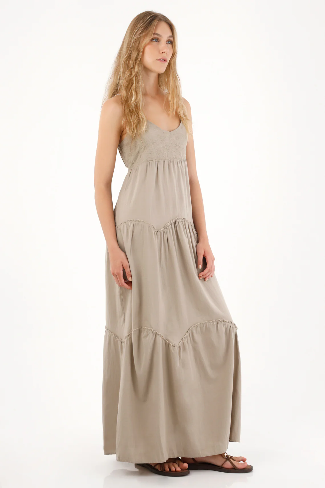 Women's Long V-Neck Dress in Coffee - Image 2