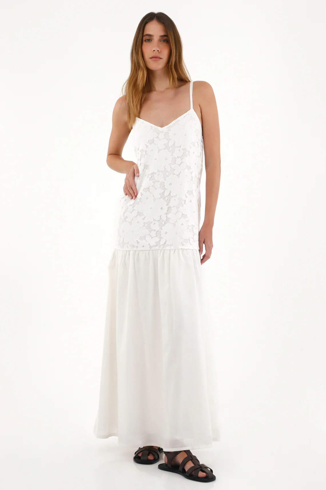 Women's Long Dress in Cream Fabric Contrast