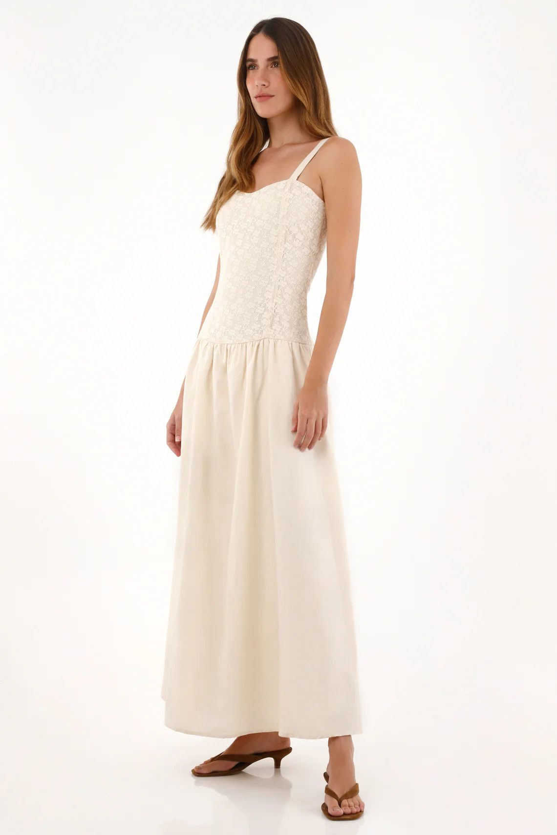 Women's Long Linen-Style Dress in Cream