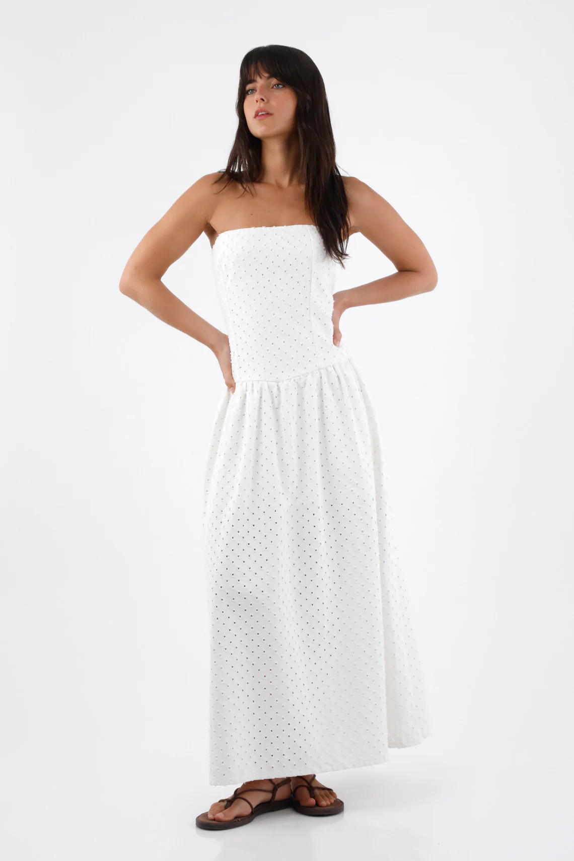 White Midi Cotton Dress for Women with Strapless Design