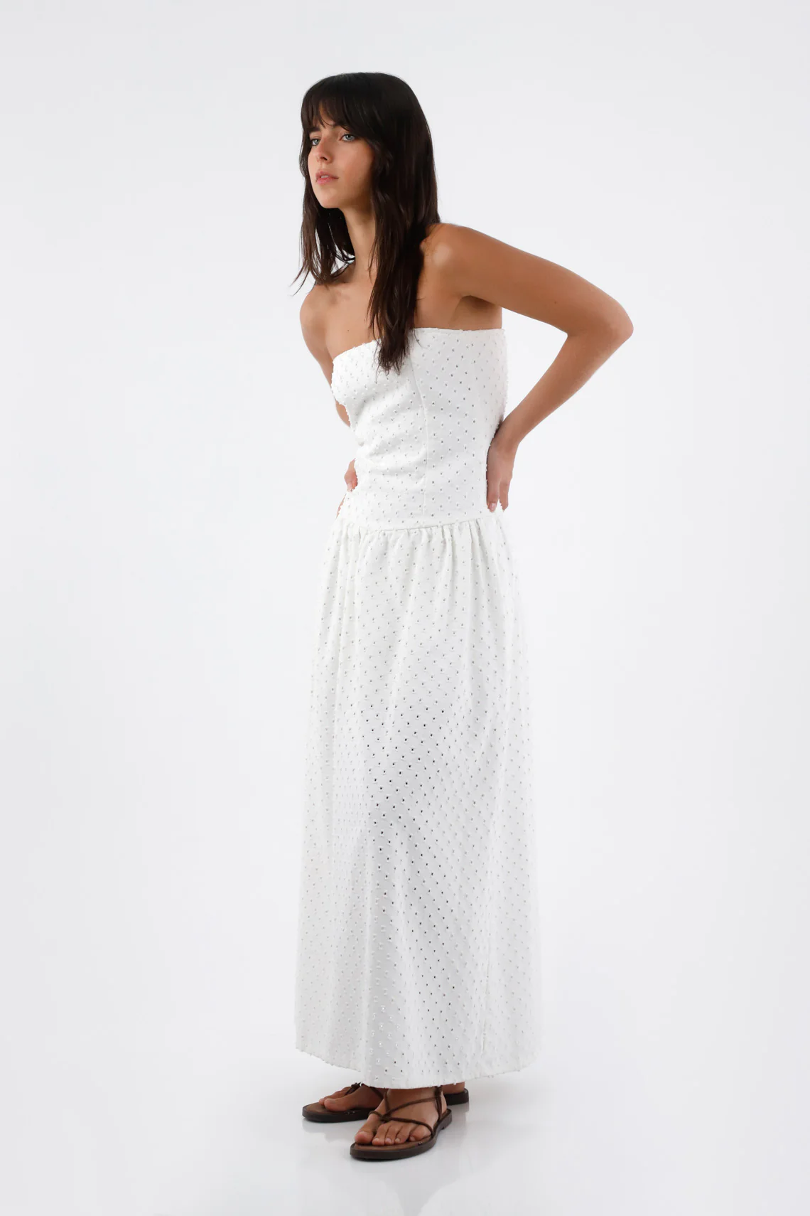 White Midi Cotton Dress for Women with Strapless Design - Image 2