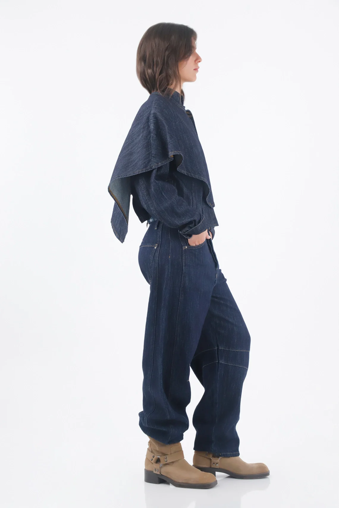 Short Indigo Cotton Jacket for Women with Cape - Image 3