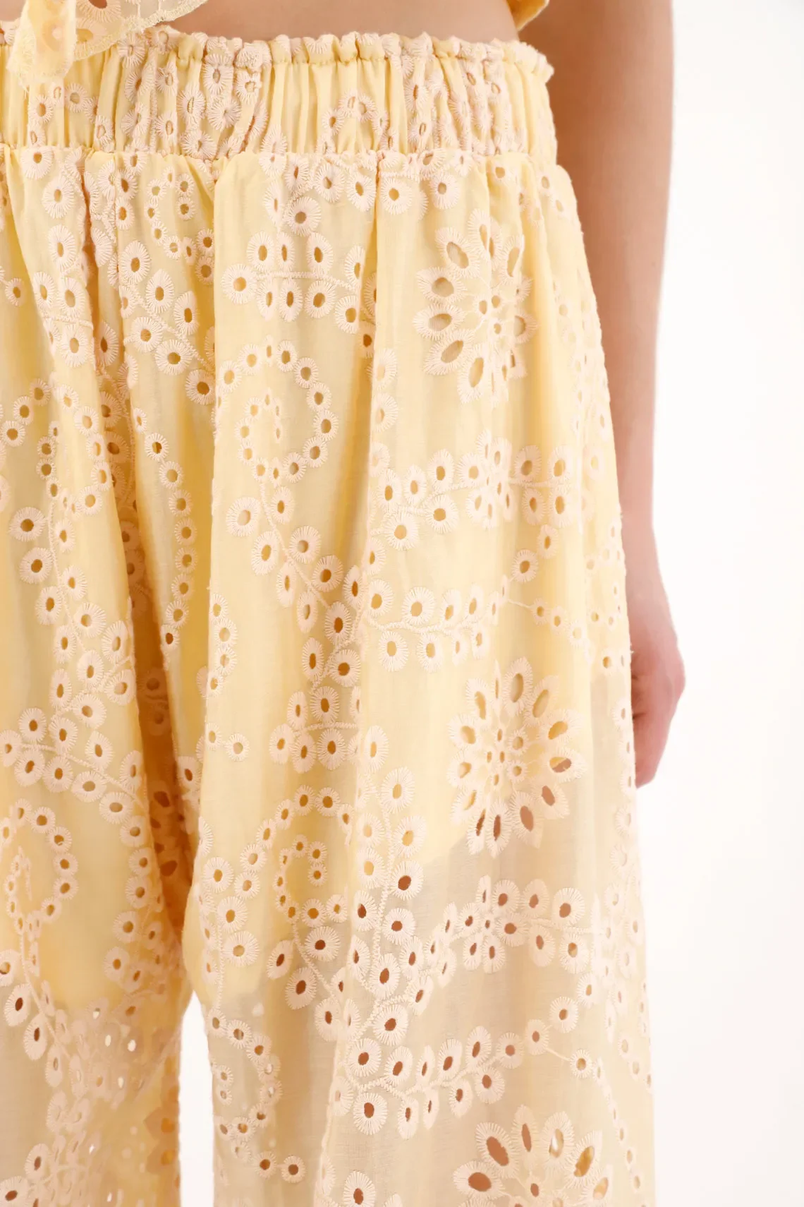 Pastel Yellow Wide Leg Lyocell Pants for Women with Cutwork Embroidery - Image 4