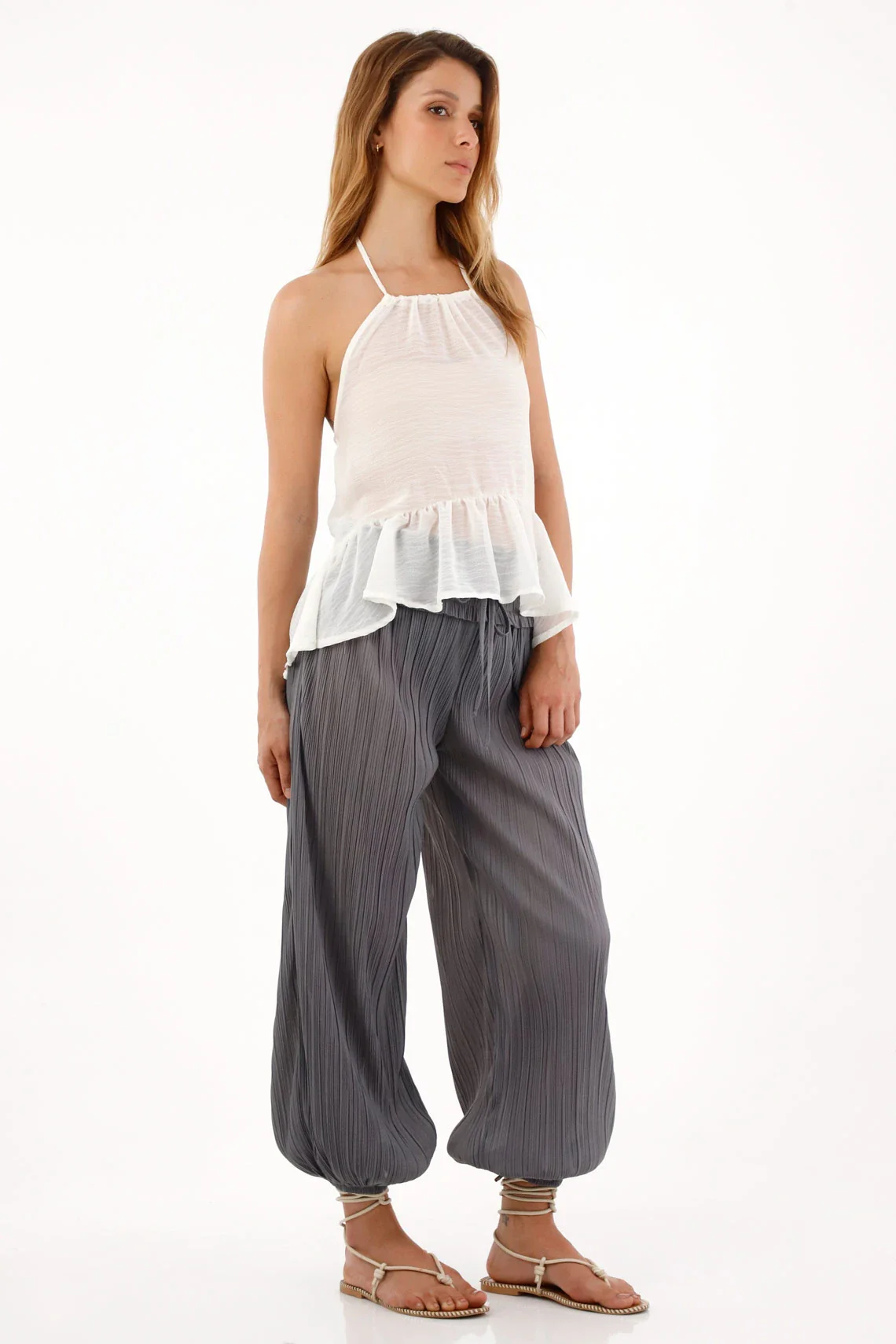 Gray Pleated Texture Jogger Pants for Women - Image 2